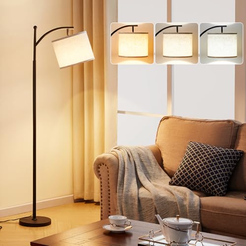 Ambimall Tall Floor Lamps with 3 Color Temperatures Bulb & Adjustable Linen Shade, for Living Room, Bedroom, Office, Classroom, Dorm Room (9W Bulb Included), Beige & Black, 60" - color: Beige & Black, size: 60 inches