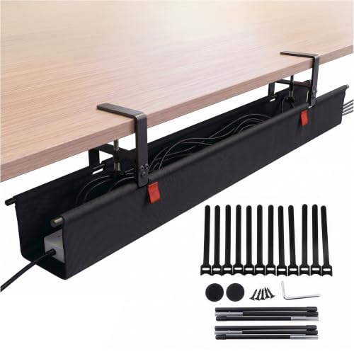 Under Desk Cable Management Tray 48" — No Drill Clamp-On Cord Organizer for Desk with Built-in Ties, Heavy Duty Metal Clamp, Foldable 600D Oxford Fabric for Home Office, WFH & Gaming PC Setup (Black) - color: Black, size: 48 x 5,2 x 5,3