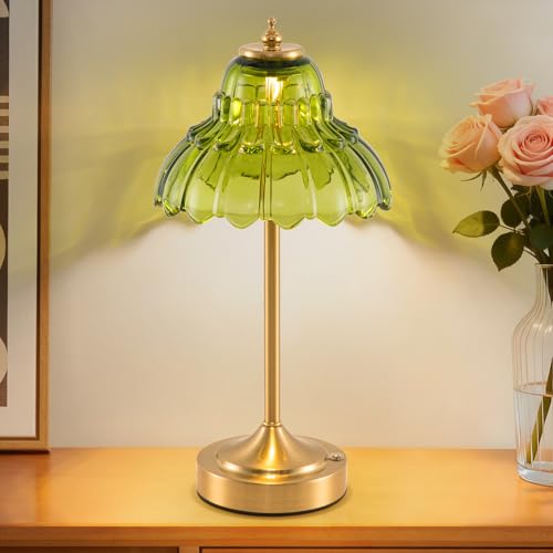 Cordless Table Lamp, Touch Control, 6000mAh Rechargeable Battery-Operated Portable Lamp, 3 Color Temperatures & Stepless Dimming, Vintage Bedside Lamp for Bedroom, Office & Desk, Green Lotus - color: Flower Green