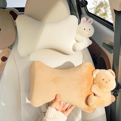 Car Headrest Pillow 2PCS Plush Bear ＆ Bunny Car Seat Headrest Pillow - Memory Foam Neck Support Cushions for Comfortable Driving, Easy Install & Washable (Bear+Rabbit) - color: Bear+rabbit