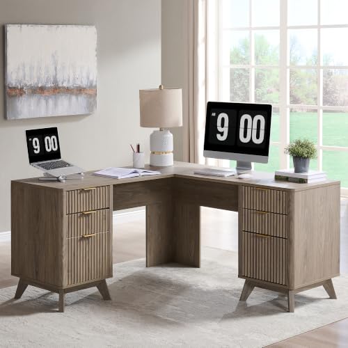 T4TREAM 60-Inch Modern Fluted L-Shaped Executive Desk, Alder Grey | Charging Station, File Drawer, Storage Cabinet, Organized Corner Workspace for Home, Office, Bedroom - color: Alder Grey