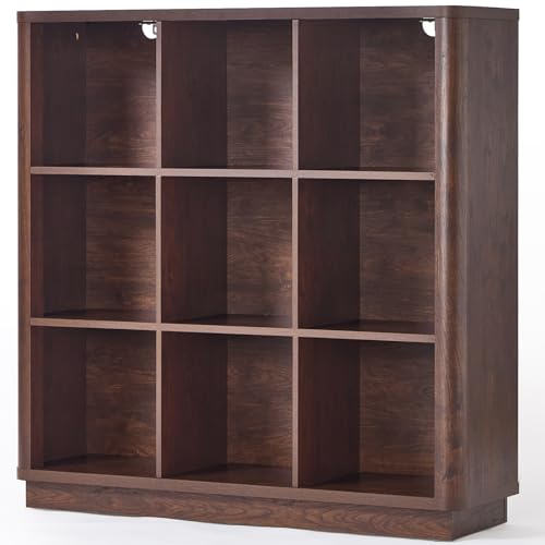 Joaxswe 9 Cube Bookshelf, 40.5" Wide Organizer Bookcase with Curved Edge, Wood Floor Standing 3-Tier Cubby Book Shelf with Base, Vintage Display Storage Cabinet for Living Room, Home Office, Walnut - color: Walnut, size: 9 Cube (11.81"D x 40.5"W x 41"H)