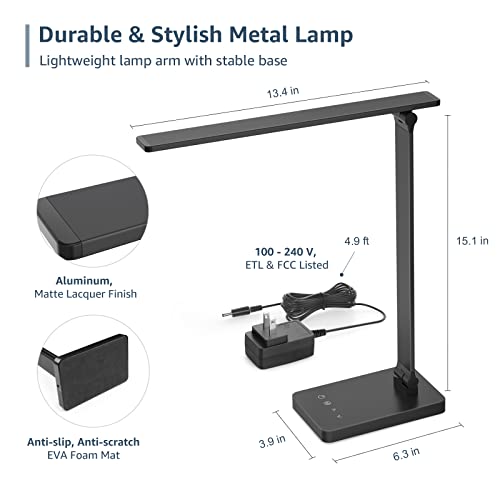 Lepro LED Desk Lamp with USB Charging Port,650LM Dimmable Home Office Touch Control Reading Table Lamp,5 Color Modes with 5 Brightness,College Dorm Room Essentials, Eye Caring, Sewing, Crafting, Black - color: Black