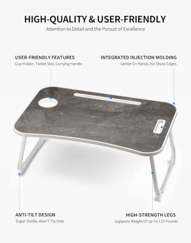 ZEAPTAC Foldable Lap Desk, Bed Desk, Bed Table & Laptop Stand w/Cup Holder - color: Black Marble