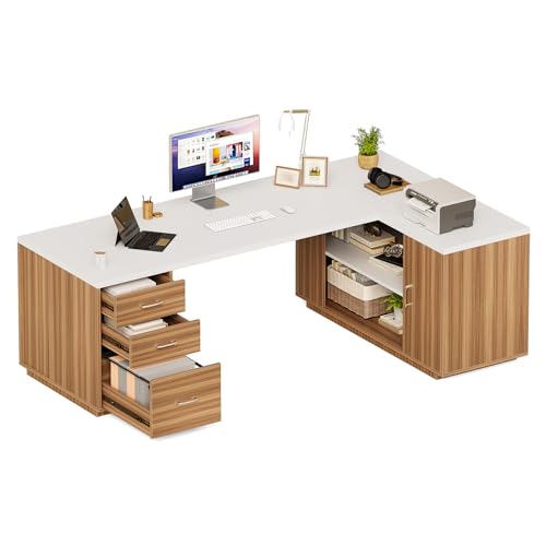LITTLE TREE 87-Inch Modern Executive Desk with File Cabinet, Large Home Office Desk with Drawers, 3-Drawer Wooden File Cabinet, Spacious Workstation for Home Office (White & Brown) - color: White and Brown