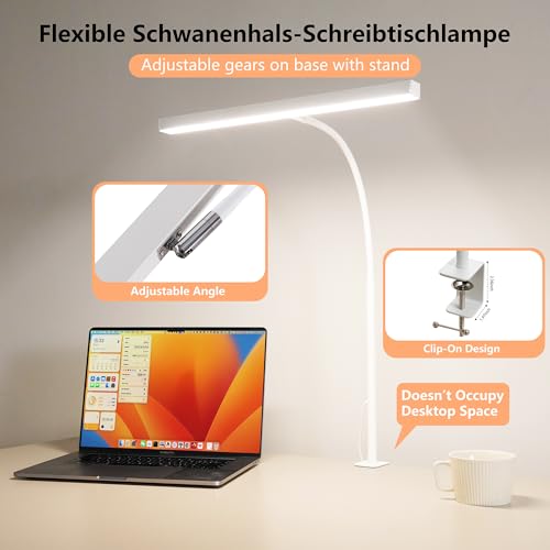 LED Desk Lamp for Office Home, Adjustable Flexible Eye-Caring Desk Light with,5 Modes 10 Brightness Adjustment, USB Adapter Desk Lamp with Clamp-T-W - style: T-White