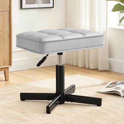 LUE BONA Adjustable Vanity Stool, 15''-19.5'' Foot Rest Under Desk, 360° Swivel Vanity Chair for Makeup Room, Silver Upholstered Faux Leather Ottoman for Bathroom & Living Room, 300lbs - color: Silver