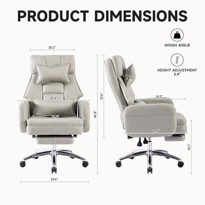 Executive Office Chair, Big and Tall Ergonomic Desk Chairs with Headrest & Footrest, Adjustable High-Back Recliner, Swivel Computer Chair w/Side Pockets, Lumbar Support for Home Office (Light Grey) - color: Light Grey