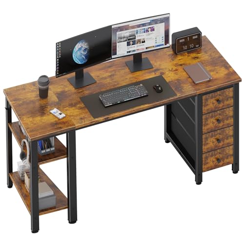 Lufeiya 55 inch Computer Desk with Storage Shelves, Writing Work Study Desk for Home Office Bedroom, Modern Simple Student PC Desks Table with 4 Fabric Drawers, Rustic Brown - color: Rustic Brown, size: 55.1"