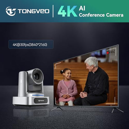 TONGVEO 4K AI 10X PTZ Conference Camera System＆ Bluetooth Speakerphone | 10X Optical Zoom 4K Video Camera, AI Auto Tracking 116° Wide-Angle, 16.4ft Audio Pickup Microphone for Church Worship - color: Silver