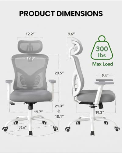 Marsail Ergonomic Office Chair Lumbar Support & Adjustable Armrests, Grey | 2D Headrest, Contoured Seat Cushion, Computer Desk Chair with Wheels for Home and Office - color: Grey