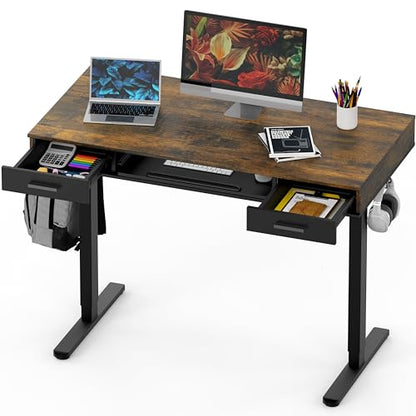 SHW 48-Inch Electric Height Adjustable Desk w/Keyboard Tray, Rustic Brown | w/ 2 Drawers | Memory Presets and Cable Management | Hanging Hooks - color: Rustic Brown