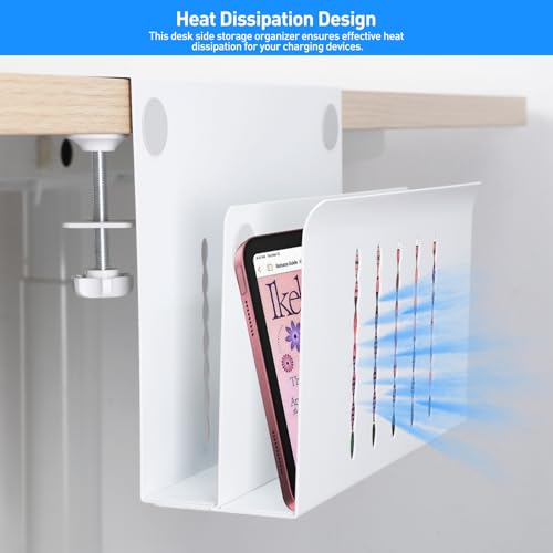 MAXECHO Desk Side Storage, Under Desk Laptop Mount, Table Side Hanging File Organizer, No Drill Clamp On Cable Management Tray, Laptop Holder with Magnetic Pen Holder for Office and Home, Load 22 Lbs - color: White