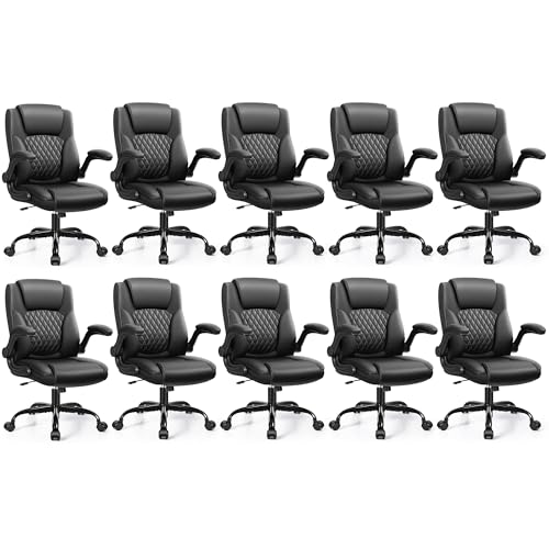 Leather Office Chair, PU Home Computer Desk Chairs with Ergonomic Back Support, 360°Swivel Free，Small Gaming Chair with Wheels and Adjustable Armrests, for Short People Use - color: Black, size: 10 Pack