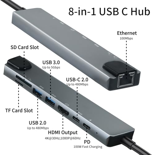 USB C Hub Multiport Adapter, 8 in 1 USBC Dongle with 4K HDMI, RJ45 Ethernet, 100W PD Charging, USB 3.0, SD/TF Card Reader, USB-C Docking Station for MacBook Pro/Air, Dell, HP and Other Type C Devices - color: Grey 05-USB C Hub