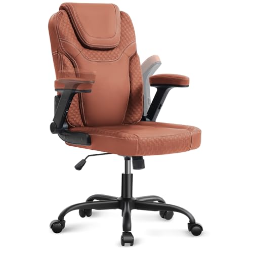 SEATZONE Brown Office Chair Ergonomic Desk Chair with Lumbar Support, Flip-Up Arms, Adjustable Swivel Computer Chair with Wheels, PU Leather Executive Task Chair for Home Office Small Space - color: Brown