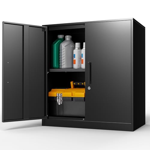 LUCYPAL Metal Storage Cabinets with 2 Doors and Handle,Steel Locking Storage Cabinet with Adjustable Shelves,Tool Cabinet for Office,Home, Garage (Black) - color: Black, size: 27.95"H Metal Handle