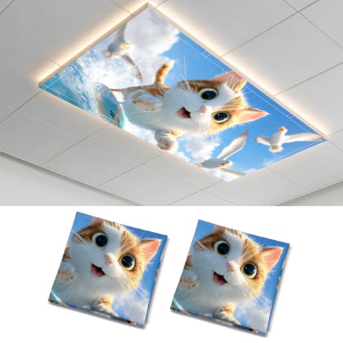 2 Pack Cute Surfing Cat Decorative Ceiling Light Covers, Magnetic 4x2 Ft Fluorescent or LED Panel Filter, Anti-Glare Eye Protection for Classroom Office - color: Cat