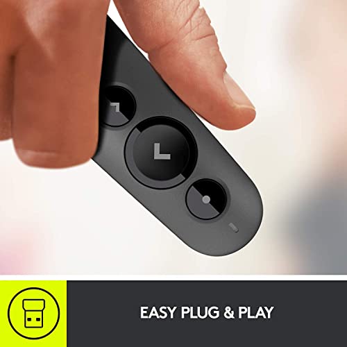 Logitech R500s Laser Presentation Remote Clicker with Dual Connectivity Bluetooth or USB for Powerpoint, Keynote, Google Slides, Wireless Presenter - Graphite (Renewed)