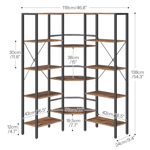 HOOBRO Industrial Corner Bookshelf, 5-Tier L-Shaped Bookcase, Open Display Storage Rack, Floor Standing Storage Shelf, for Living Room, Bedroom, Home Office, Rustic Brown and Black BF68SJ01