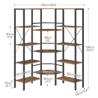 HOOBRO Industrial Corner Bookshelf, 5-Tier L-Shaped Bookcase, Open Display Storage Rack, Floor Standing Storage Shelf, for Living Room, Bedroom, Home Office, Rustic Brown and Black BF68SJ01