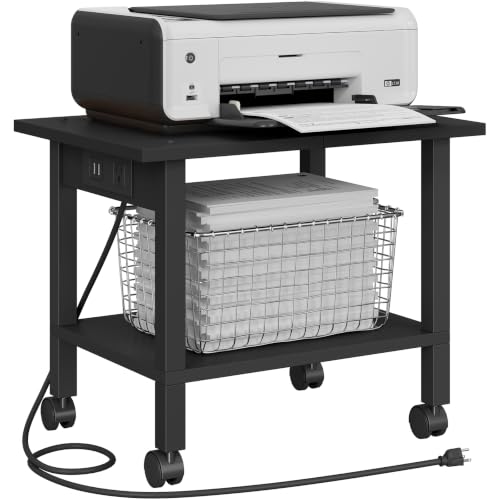 TUTOTAK Printer Stand, 2 Tier Rolling Printer Cart with Charging Station | Small Under Desk Printer Table with Wheels for Small Space, Office, Home, Black PS01BK001P - color: Black, size: 2 tier(18.9 x 11.8 x 15.4inchs)
