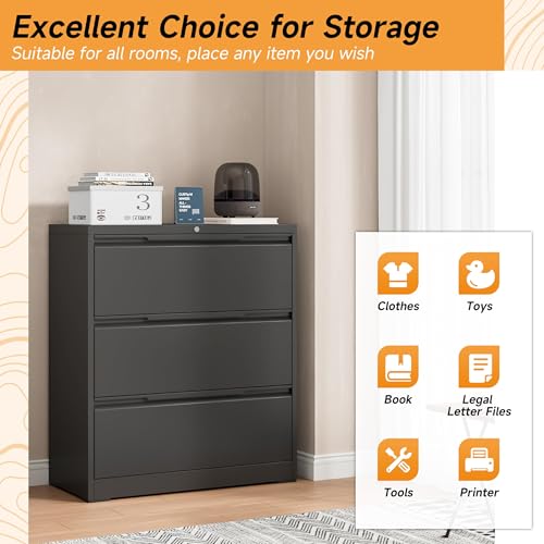 Bestoo 3 Drawer File Cabinet, Metal Lateral Filing Cabinet with Lock - color: Black, size: 3 Drawer 15.7"D x 35.4"W x 40"H