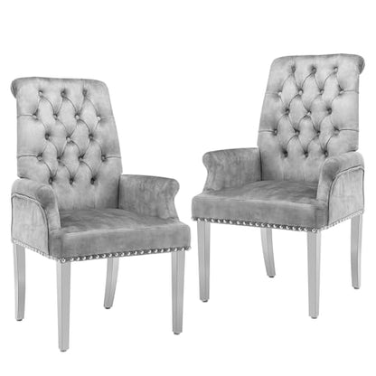 LOULENS Velvet Dining Chairs Set of 2, Dining Chairs with Arms, Grey | Upholstered, High Back, Tufted, Luxurious, Stainless Steel Leg, for Kitchen & Dining Room - color: Grey, size: 2 PCS