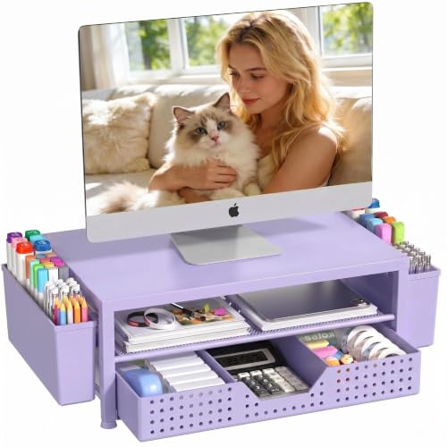Desk Organizers and Accessories, Computer Monitor Stand Riser with Drawer and 2 Pen Holders, Printer & Laptop Stand, Office Desk Accessories & Workspace Organizers for Home Office Supplies, Purple - color: Purple