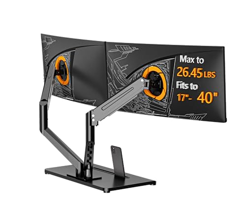 Bracwiser Dual Monitor Stand Free Standing Desk Mount, Premium Dual Monitor Arm Fits Two Screens up to 40 inch 26.45 lbs Fully Adjustable Arms with Heavy-Duty Wooden Base, Max VESA 100x100mm (MLXSPC) - size: 17-40"