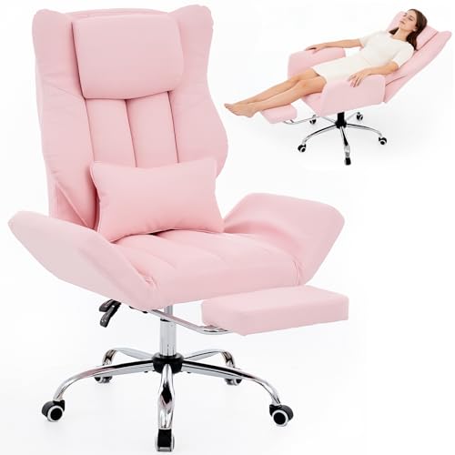 Cross Legged Office Chair with Foot Rest, Flip Armrest | Big and Tall, Criss Cross Gaming Chair, 155°Reclining Computer Chair, 360°Swivel Desk Chair for Home Office - color: Pink