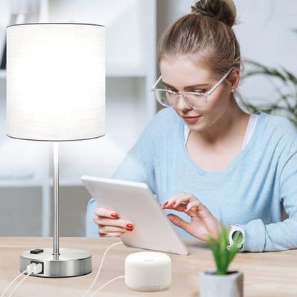 Lynnoland Set of 2 Touch White Table Lamps with 2 USB Ports & AC Outlet, 3-Way Dimmable Bedside Nightstand Lamps for Bedroom Living Room Nursery, 800 Lumens 5000K Daylight Bulbs Included - color: White & Brushed Nickel (Base) - 5000K