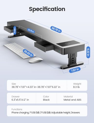 meatanty Dual Monitor Stand with 4 Adjustable Heights, Auto Phone Charging Pad, 4 USB Ports, Computer Riser with Drawers Storage, Metal Double Desk Organizer Lifter Raiser for 2 Monitors Screen Gift
