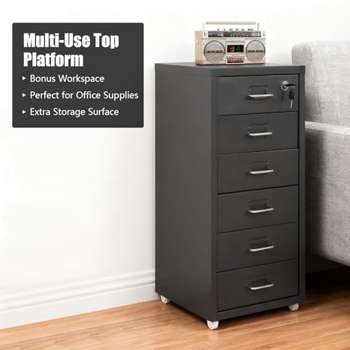 Vertical File Cabinet, 6 Drawer Black Metal File Cabinet with Lock for Office Under Desk Storage – Filing Cabinet on Wheels, Removable Multi Drawer Cabinet for Home Dresser, Black