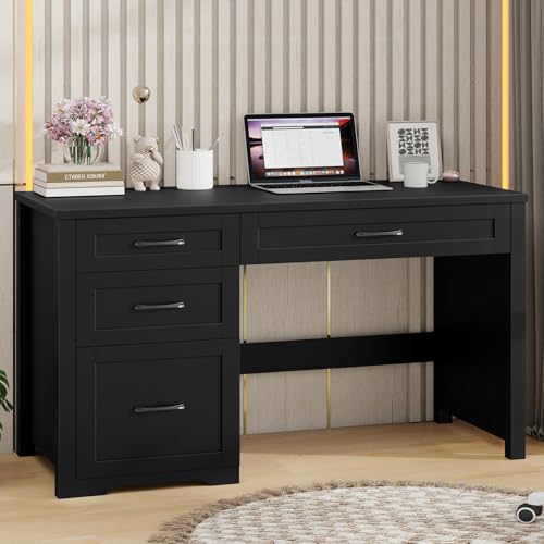 Halitaa Executive Desk with 3 Storage Drawers, Black | Farmhouse 47" Wood Computer Desk with File Drawer, Workstation for Home Office, Study, Writing - color: Pure Black, size: without Charging Station