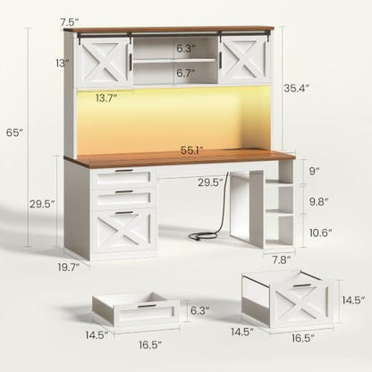 SEDETA 55.1" Farmhouse Desk with Hutch & 3 Storage Drawers - color: White and Brown, size: Desk with Hutch (55")