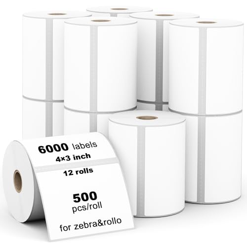 (6000 Labels 3-Proof 1" Core) Labelebal 12 Rolls 4" x 3" Direct Thermal Label (101mm x 76mm) Multipurpose Shipping Address Mailing Barcodes Stickers Compatible for Zebra & Rollo Desktop Label Printer - color: Zb-4" X 3"-12rolls(6000 Labels)