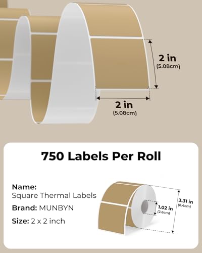 MUNBYN 2x2 Thermal Labels, 750 Sheets/Roll, Brown - color: Brown, size: 2x2"