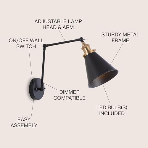 JONATHAN Y Rover 1-Light Wall Sconce 7", Black/Brass Gold | Adjustable Arm, Hardwired Bedside Reading Swing Arm, Farmhouse Cone Shade, Metal Hardwired Indoor Fixture, LED Bulbs Included - color: Black/Brass Gold, size: Set of 1