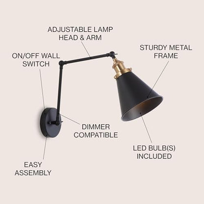 JONATHAN Y Rover 1-Light Wall Sconce 7", Black/Brass Gold | Adjustable Arm, Hardwired Bedside Reading Swing Arm, Farmhouse Cone Shade, Metal Hardwired Indoor Fixture, LED Bulbs Included - color: Black/Brass Gold, size: Set of 1