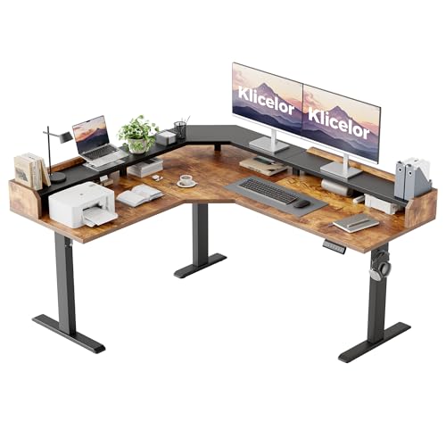 Klicelor L Shaped Electric Standing Desk 63 x 55 inch with Shelf, Height Adjustable Corner Desk, Sit Stand Desk with Storage Shelf, Home Office Computer Table, Rustic Brown - color: Rustic Brown, size: 63 x 55 Inch with Shelf