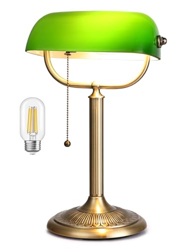 1-Minute Quick-Change Shade Classic Green Glass Bankers Desk Lamp | Study Office Library, LED Bulb Included - color: Green
