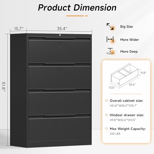 Bestoo 4 Drawer File Cabinet, Metal Lateral Filing Cabinet with Lock - color: Black, size: 4 Drawer 15.7" D x 35.4" W x 51.8" H