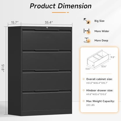 Bestoo 4 Drawer File Cabinet, Metal Lateral Filing Cabinet with Lock - color: Black, size: 4 Drawer 15.7" D x 35.4" W x 51.8" H