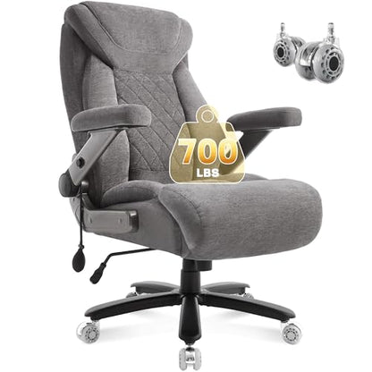 Fabric 700lbs Big and Tall Office Chair, Ergonomic Heavy Duty Executive Cloth Office Chair with 5D Flip Arms & Adjustable Lumbar Support & Dual Rubber Wheel, Large Thick Padded Extra Wide Seat, Grey - color: Grey