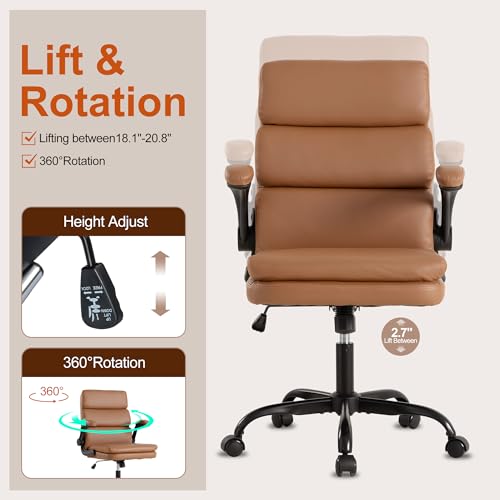 Mid Back Office Desk Chair,Leather Conference Room Chairs,Ergonomic Home Computer Chair,Modern Executive Chair with Padded Flip-up Armrest and Swivel Wheels (Brown) - color: Brown