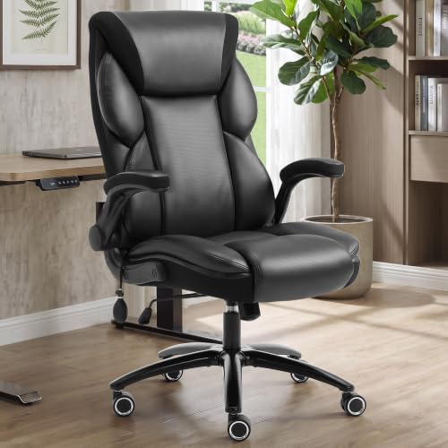 Executive Office Chair - Adjustable Inflatable Lumbar Support, Flip Up Arms, Heavy Duty Metal Base, Breathable PU Leather Ergonomic High Back Computer Chair Desk Chair, Thick Padded | Black - color: Black