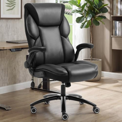 Executive Office Chair - Adjustable Inflatable Lumbar Support, Flip Up Arms, Heavy Duty Metal Base, Breathable PU Leather Ergonomic High Back Computer Chair Desk Chair, Thick Padded | Black - color: Black