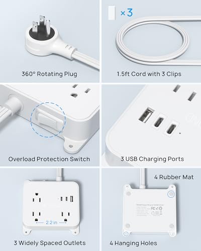 TROND 360 Rotating Plug Power Strip, 1.5FT Short Extension Cord with USB - size: 1.5FT