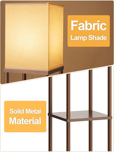 Floor Lamp with Shelves for Living Room Walnut Brown, Shelf Floor Lamp with 3 CCT LED Bulb, Corner Display Standing Column Lamp Etagere Organizer Tower Nightstand with White Linen Shade for Bedroom - color: Walnut Brown